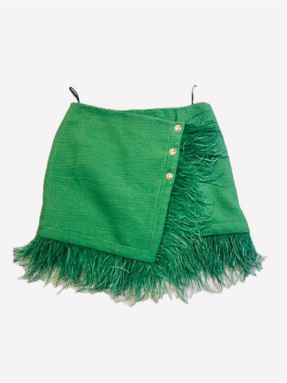 Karen Millen Emerald Green Feather-Trim Wrap Mini Skirt